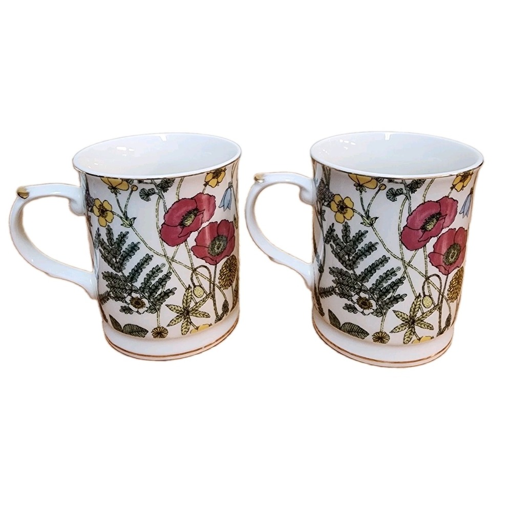 2 Grace Teaware Fine Porcelain Poppy Floral Colorful Gold Gilded Coffee Tea Mug